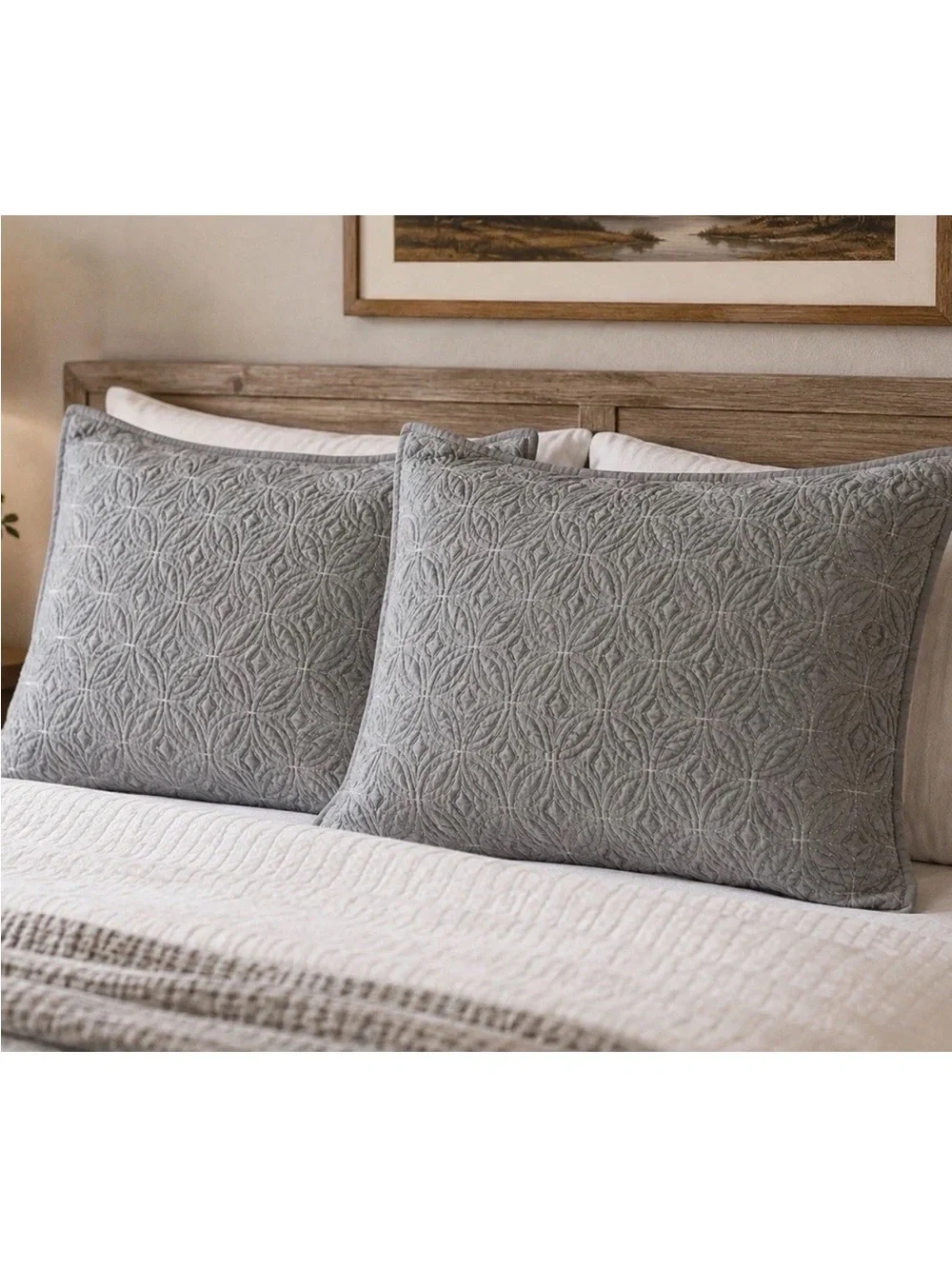 Pillow Sham Fieldcrest Luxury Set 2 Quilted Gray Cotton Queen